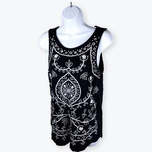 Lucky Brand Black Beige Embroidered Tunic Sleeveles Top S